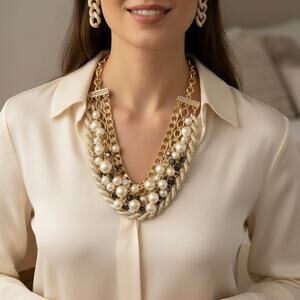 Statement Pearl Black Crystal Bib Necklace Earring Set Gold-Tone Art Deco Style